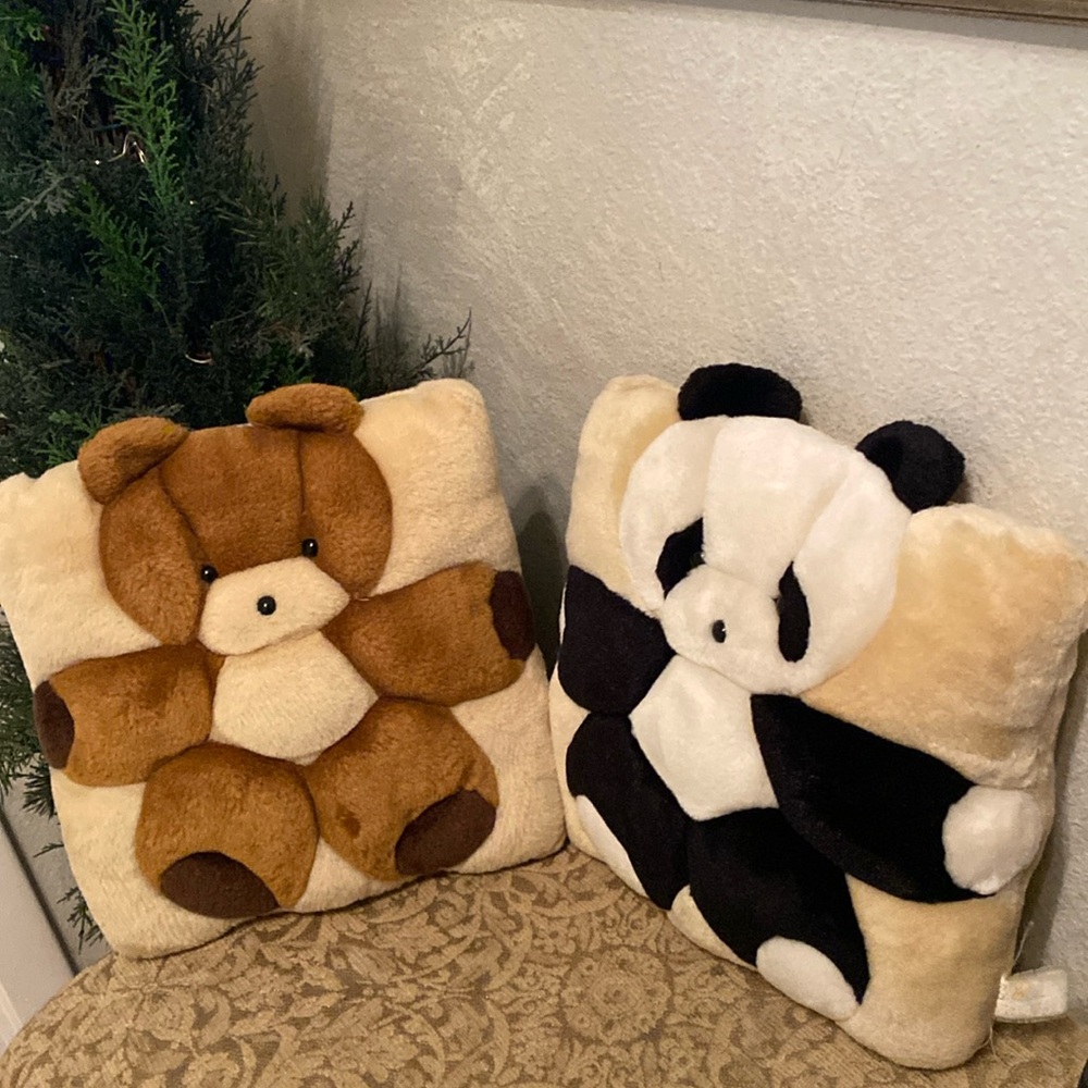 2 Vintage Teddy Bear and Panda Throw Pillows Cushion Decor